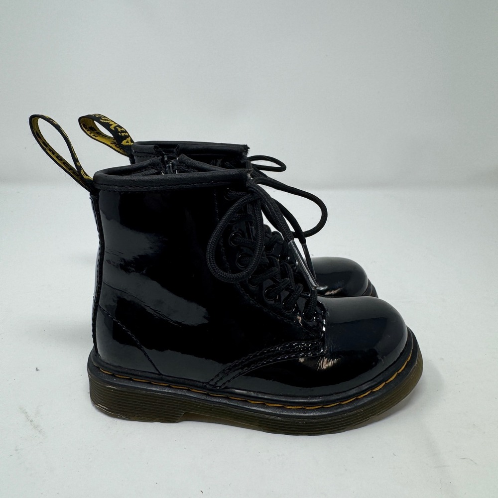 Kids Dr Martens‎ 1460 T Black Patent Leather Combat Boots Side Zip Size 8 US